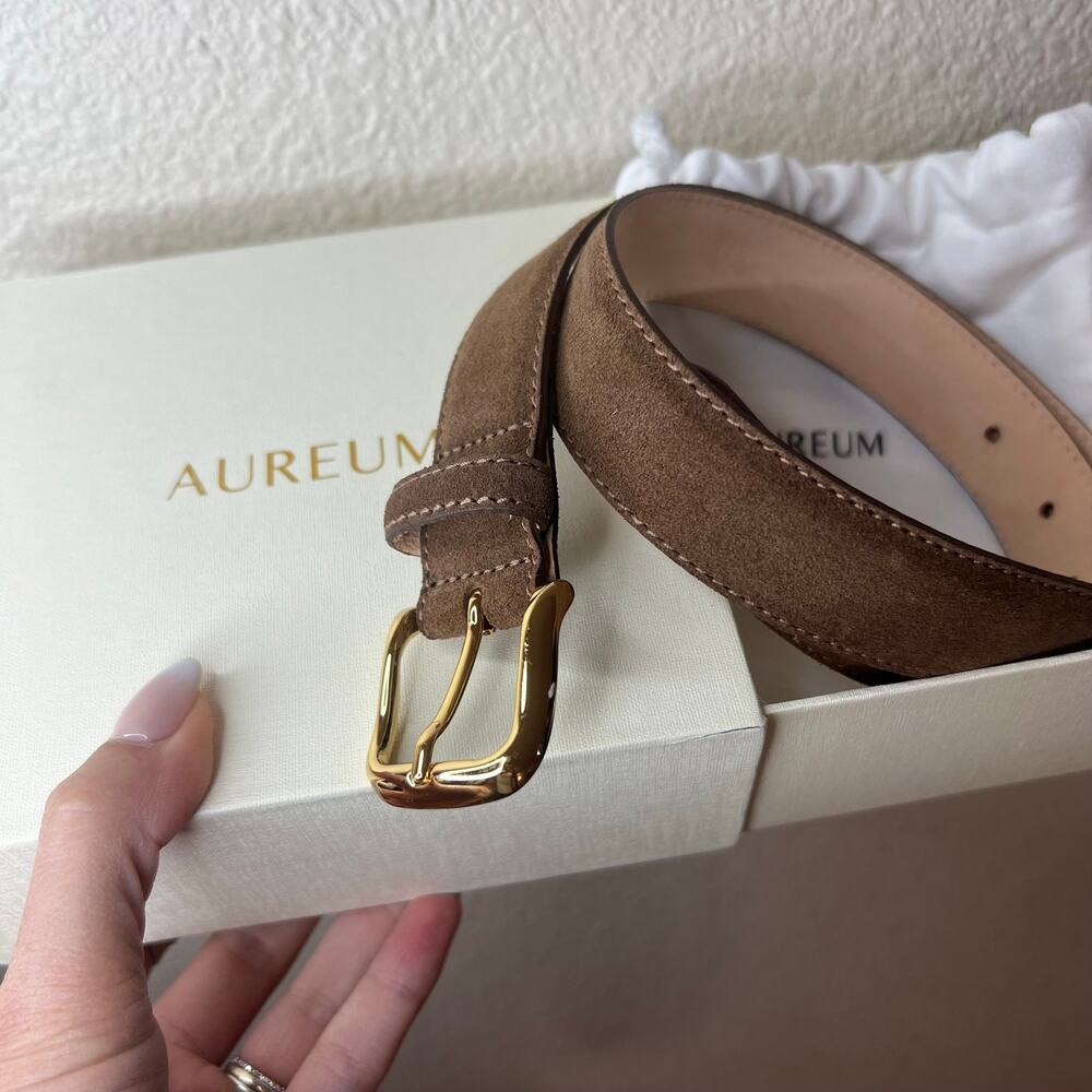 Aureum Collective 25345 No. 4 suede belt in brown chocolate gold buckle NEW XXS